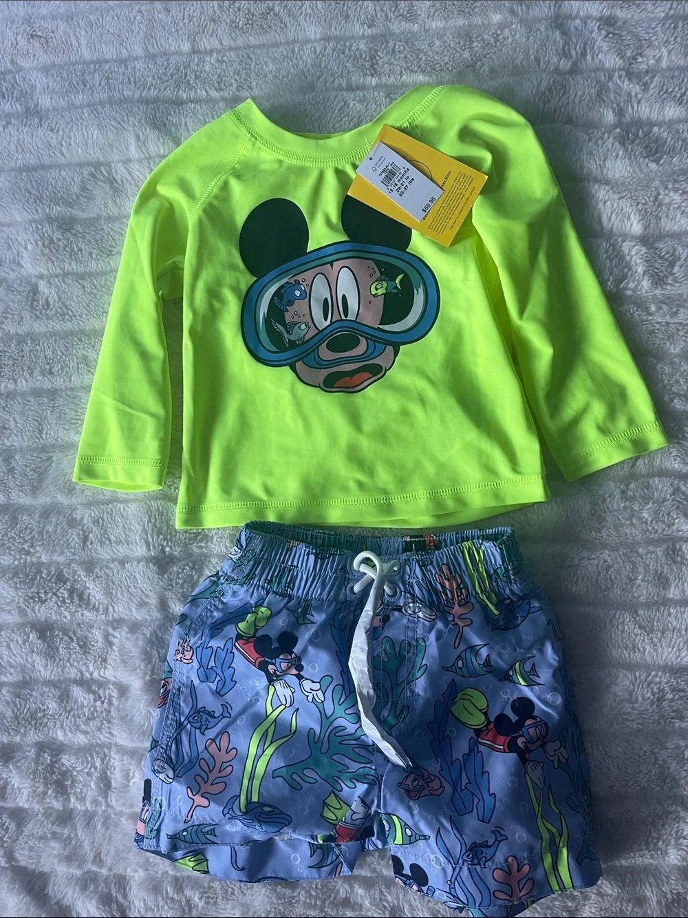 Disney Neon Green Mickey Snorkel Rash Guard with Blue Underwater Swim Shorts